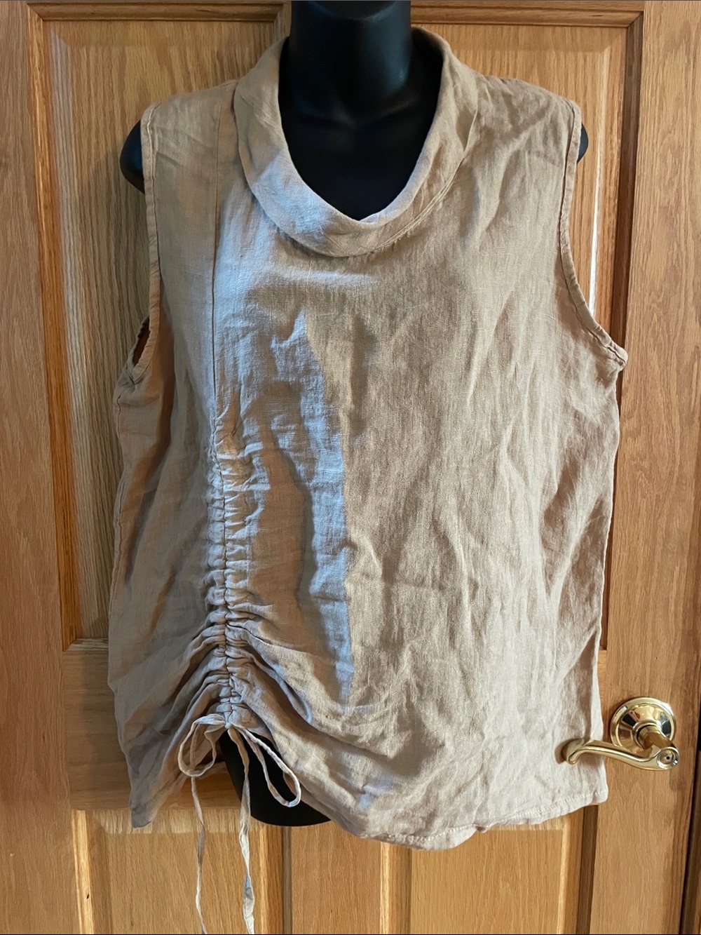 NWT Elle Beige Ruched Drawstring Sleeveless Linen Top Size Large
